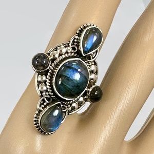 Labradorite Ring, Sterling Silver, Bali, Wide, Vintage Ring, 5 Stones, 6 1/2